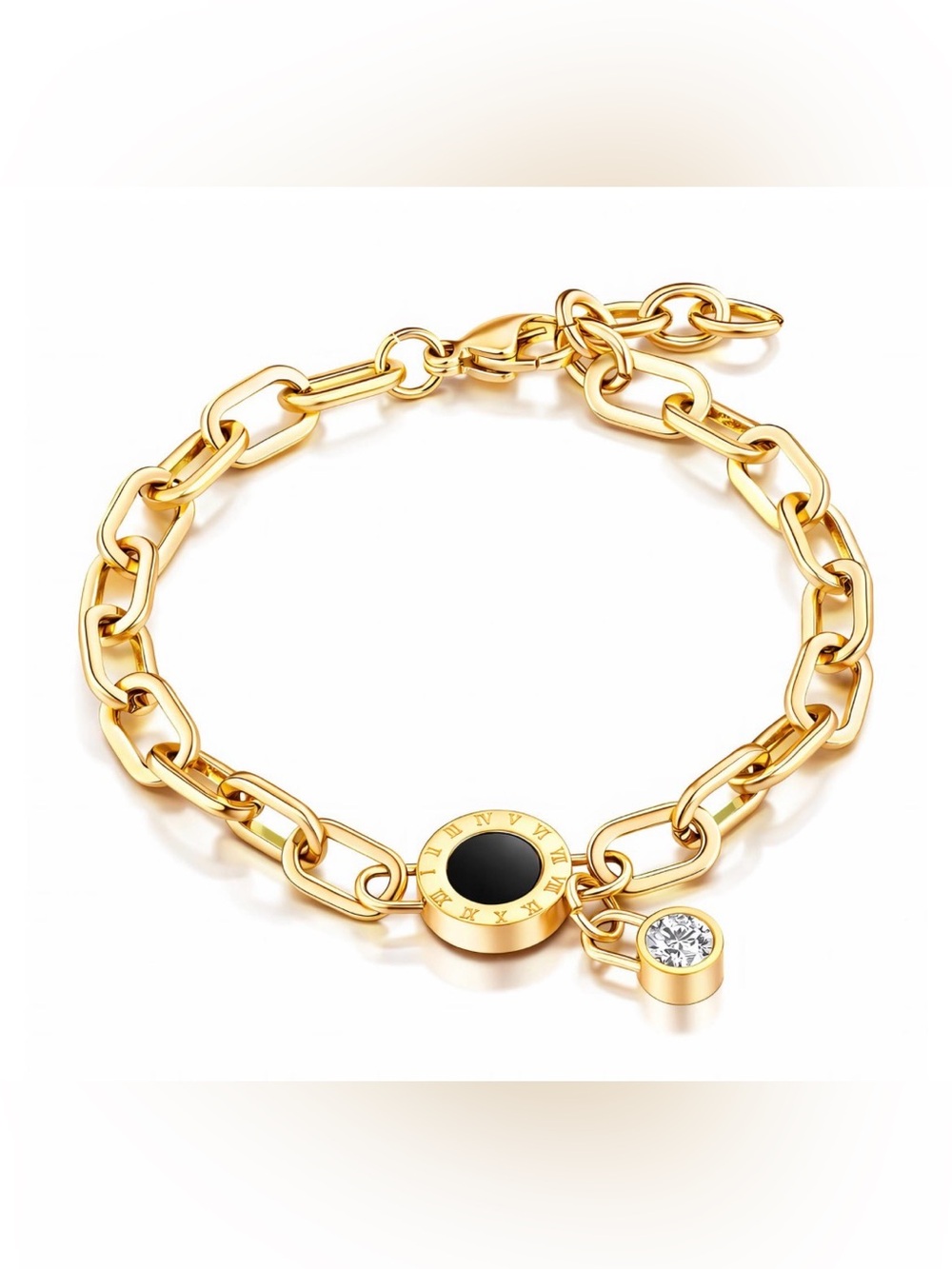 Gold Plated Link Bracelet with Black Enamel and Crystal Charm - Women Jewelry